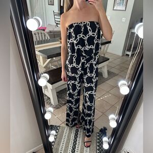 Ariella Clothing Women’s Black Chain Print Strapless Wide Leg Stretchy Jumpsuit